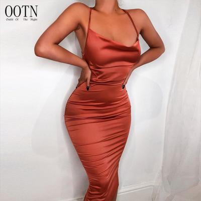 China OOTN Breathable Sleeveless Backless Elegant Party Outfits Sexy Club Clothes Vestido Neon Satin Lace Up Women Summer Long Midi Bodycon Dress for sale