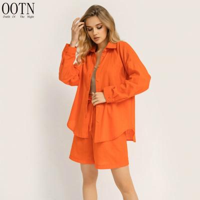 China Breathable OOTN 2 Piece Set Casual Oversized Shirts And Wide Leg Shorts Fits Solid Summer Loose Fit Drawstring Womens Linen Shorts for sale