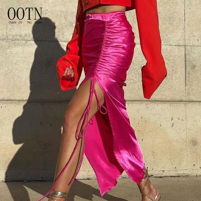 China Drawstring 2022 OOTN Breathable Sexy Solid Autumn Winter Clothes Slit Bodycon Streetwear Lace Up High Waist Satin Midi Ruched Skirt for sale