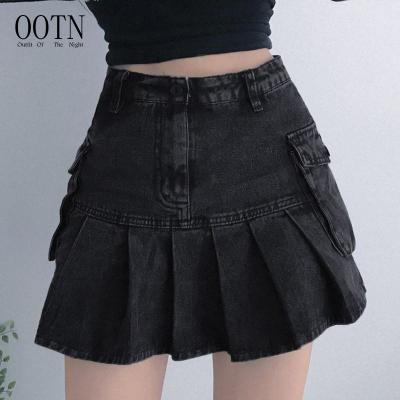 China OOTN Goth Black High Waist Skirt 90s Pockets Women's Academia Fashion Skirts Breathable Korean Dark Vintage Pleated Denim Skirts for sale