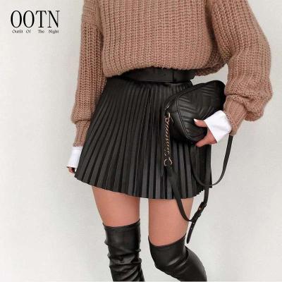 China 2021 Summer Pleated Faux Leather Women's Sexy Black Short Skirt Fashion Ladies Breathable OOTN High Waist Mini Skirt for sale