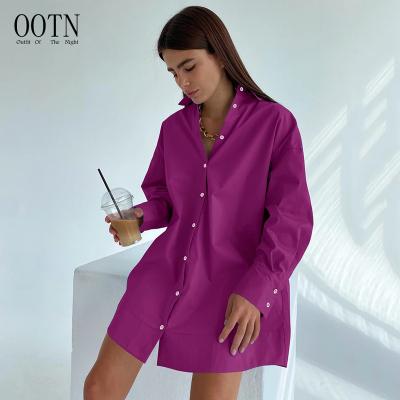 China 2021 OOTN Button Top Collar Breathable Female Elegant Lady Turn-Down Long Sleeve Loose Women Blouses Autumn Shirt Oversized Purple Fashion for sale