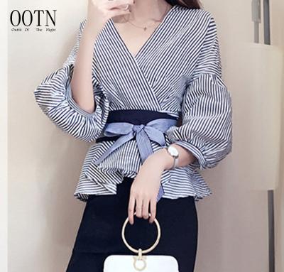 China OOTN 2021 Fashion Women's Summer Bow Breathable V-neck Striped Shirt Elegant Ladies Tops Female Clothing Lantern Sleeve Blouse Shirt for sale