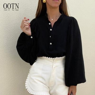 China OOTN Breathable Solid Cotton Single Breasted Elegant Top Women Loose Lady Office Blouses And Shirts Autumn Stand Collar Lantern Sleeve for sale