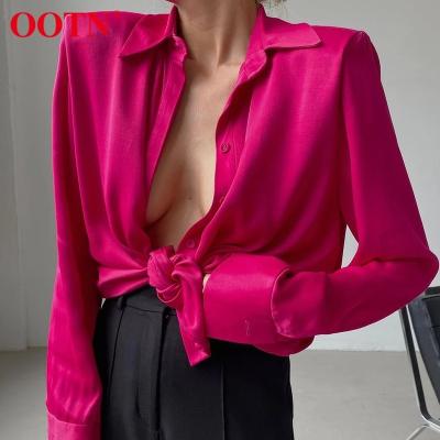 China Breathable Lady Y2k Single Breasted Long Off Shoulder Blouse OOTN Button Streetwear Korean Satin Collar Turn-down High Sleeve Shirts For Women for sale