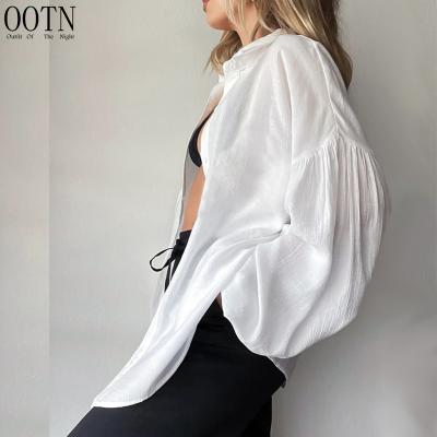 China OOTN 2022 Chic Turn Down Breathable Collar Pleated Summer Tops Casual Lantern Sleeves White Crepe Soft Blouses And Shirts Sunshirts for sale