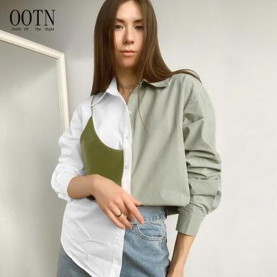 China OOTN 2021 Fashion Spring Ladies Chic Streetwear Breathable Blouse Splicing Oversized Patchwork Shirts Women Top Female Sheath Long Blouse for sale