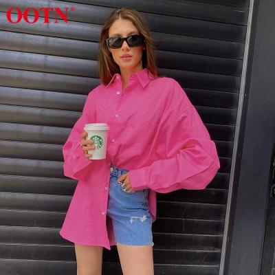 China OOTN Cotton Breathable Casual Loose Solid Pink Women New Streetwear Tops Lantern Sleeve Work Office Pocket Long Sleeve Female Blouse Shirt for sale