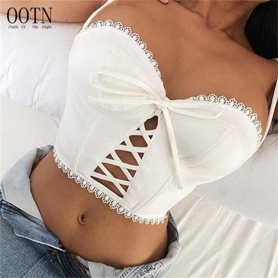 China OOTN QUICK DRY Sleeveless Spaghetti Strap Lace Hollow Out Camisole Slim Fit Female Camis White Beach Sexy Crop Top Summer Women Camisoles for sale