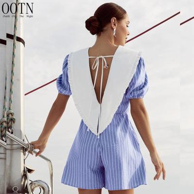 China OOTN Breathable Chic Short Sleeve Backless Overalls Beach 2022 Peter Pan Collar Lace-Up Bodysuits Woman Stylish Summer Striped Overalls for sale