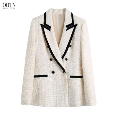 China Chic Women Fashion Veste Femme Vintage Long Sleeve Pockets OOTN Breathable Female Outerwear With Contrast Piping Tweed Blazer Coat for sale