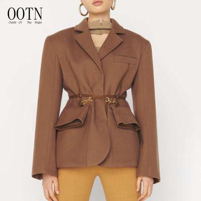 China OOTN Autumn Style 2022 New Breathable Notched Long Sleeve Slit Gathered Waist Coat Women Casual Slim Solid Pocket Belt Blazer for sale