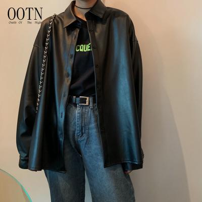 China OOTN 2021 Turn-Down Collar Motor Biker Jacket Women Winter Women Blouses Basic Faux Leather Jackets Breathable Spring Autumn Black Woven for sale