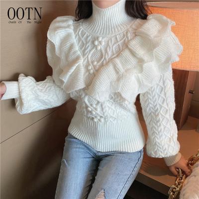 China Breathable Chic Vintage Knitwear Female OOTN Retro Stylish Sweaters Ruffled Floral White Knitted Sweater for sale