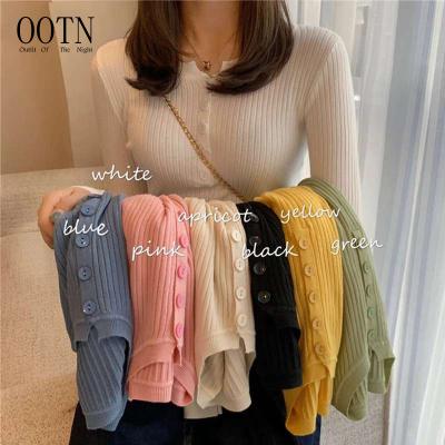 China OOTN Breathable Basic Pull Femme Button Chic Jumper Soft Slim O-Neck Pullovers Women Sweater Autumn Knitted Solid Color for sale