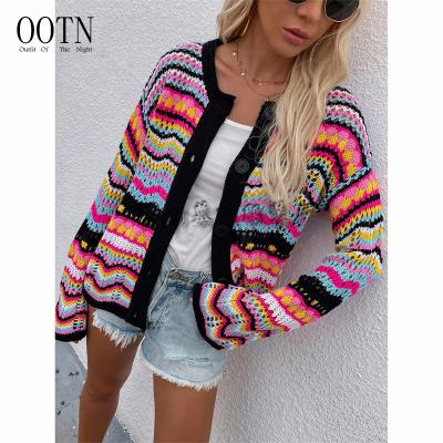 China OOTN 2022 Women Fashion Breathable Female Outerwear Elegant Autumn Hollow Out Oversized Sweater Rainbow Colored Long Sleeve Knit Cardigan for sale