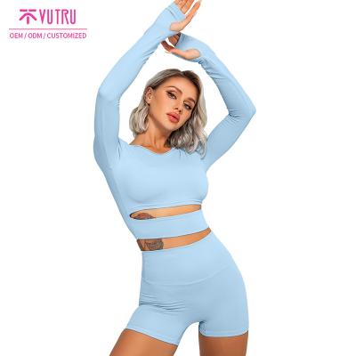 China Breathable 2021 Seamless 2 Piece Yoga Leggings Sportswear Girl Long Sleeve Shorts Wear For Recycling Set Woman Activewear for sale