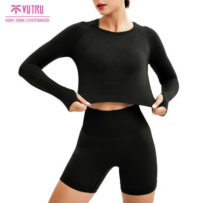 China Latest Long Sleeve Breathable Sexy Black Crop Clothing Woman Activewear Top Rib Yoga Wear Shorts 2 Piece Set for sale