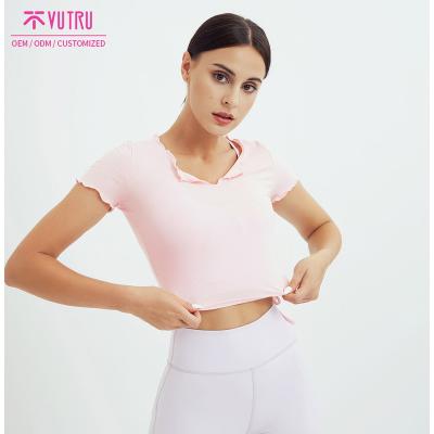 China QUICK DRY Fitness Women's Custom Short Sleeve Drawstring T-shirt Outdoor Sport Crop Yoga Sexy Running Top for sale