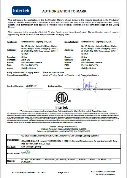 ETL - Shenzhen VST Lighting Co., Ltd.