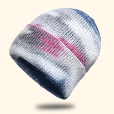 China COMMON Gradient Tie Dye Knitted Beanie Outdoor Sports Hiking Thickened Earmuffs Warm Wool Hat for sale