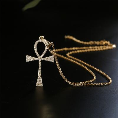 China Elegant Charming Gold Plated Zircon Inlaid Classic Rhinestone Religious Jewelry Anka Cross Pendant Necklace for sale