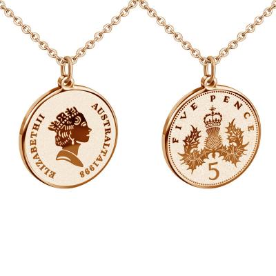 China Elegant 2021 High New Polished Five Penny Charm Carved Stainless Steel Double Sided Corroded Crown Rose Gold Five Penny Necklace for sale