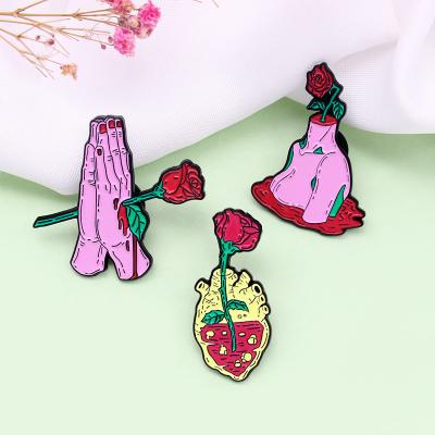 China Creative and Love Rose In Heart Hands Brooch Enamel Lapel Pin Creative Rose Head Valentines Day Gifts for sale