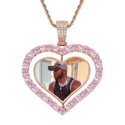 China Stylish Charming Real 24k Gold Plated Hip Hop Diamond Rhinestone Double Sides Heart Luxury Shape Rotating Photo Frame Necklace for sale