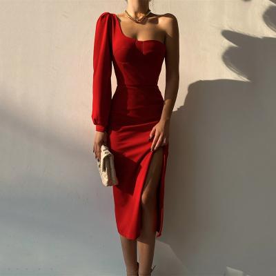 China Lady Anti-wrinkle Fashion One Sleeve Dress Asymmetric Casual Bodycon Party Backless Prom Dress for sale