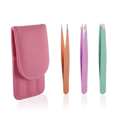 China Daily Grooming 3 PCS Professional Stainless Steel Tweezers Multicolor Eyelash And Eyebrow Hair Removal Makeup Tool With Travel Case for sale