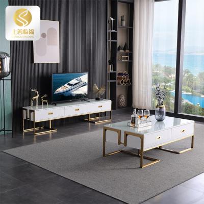 China Customizable White New Model Modern High Gloss TV Cabinet Tempered Glass MDF Metal Metal Leg TV Stand for sale