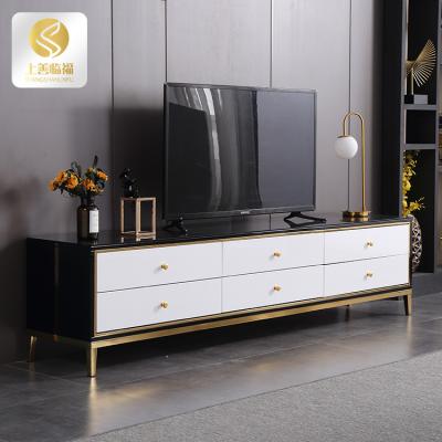 China Customizable Living Room MDF New Model Wooden TV Stand Table Design Tempered Glass Metal Leg TV Cabinet for sale