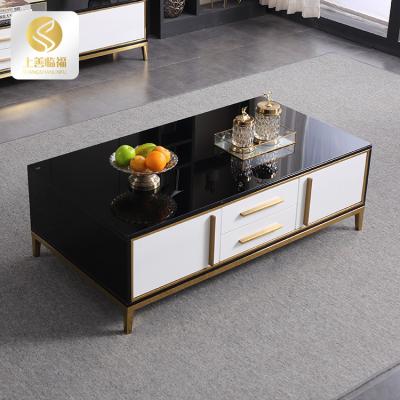 China Custom cheap modern Nordic coffee table MDF metal leg e tea table tempered glass top with drawers for sale