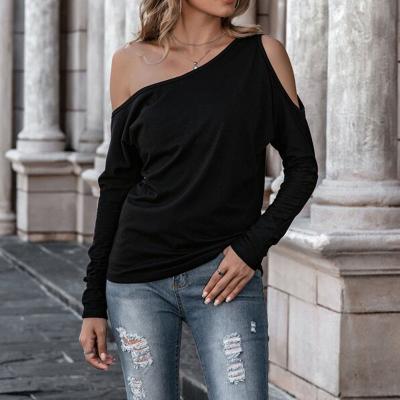 China Anti-pilling New Customize Solid Color One Shoulder Ladies Blouses And Tops Women T-shirts Slim Casual Asymmetrical Neck Cut Off Shoulder Top for sale