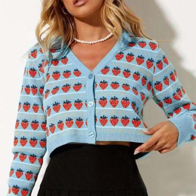 China Anti-wrinkle v neck cardigan strawberry print crop full coat women cable casual custom knit sweater jacket ladies clothing for sale