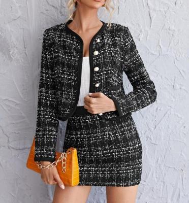 China Autumn Long Sleeves Women's Single Breasted Jacket and Skirt Set High Quality Raw Casual Women's Plaid Trim Two Piece Tweed Casual Sets for sale