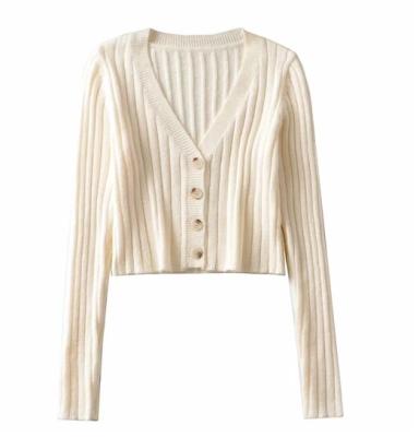 China Anti-wrinkle good quality beige color crop fashionable women's high fashion v-neck sweaters spring/autumn cardigan knit suit for sale