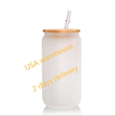 China Sustainable USA Warehouse Wholesale Sublimation Empty Borosilicate Glass16 Ounce Frosted Glass Tumbler Drinking Water Mug for sale