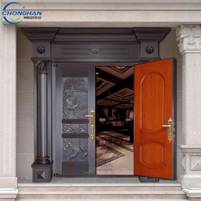 China Sliding exterior double door modern tempered glass door villa front entrance pure copper design for sale