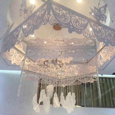 China New European Party Wrought Iron Carved Air Ceiling Lace Etched Flower Wedding Stage Layout Pendant Props for sale