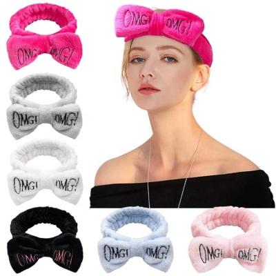 China European And American Style Letter OH MY GOD Headband For Women Girls Bow Spa Coral Fleece Cosmetic Headbands Wash Face Turban Makeup Elastic Hair Band for sale