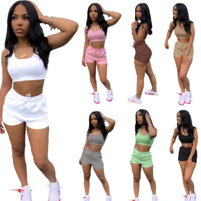 China New Arrivals Anti-Static Summer Creams Short Set Jogger 2 Piece Crop Tank Top Lounge Wear Biker Short Set 2 Piece Set Sleeveless Women for sale