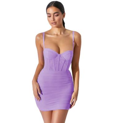 China 2022 Anti-Static Custom Design Solid Color Sexy Bare Breast Gauze Ruffle Backless Suspender Short Dress For Women for sale