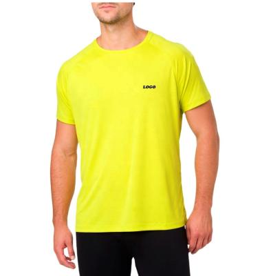 China Custom Running Cotton Polyester Solid Color Anti-Wrinkle Fitness Mens Neon Yellow Raglan Short Sleeve T-Shirts for sale