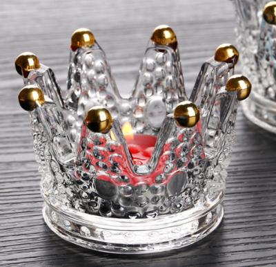 China New Classical/Postmodern Wholesale Crystal Glass Jar Candle Holders Crown Shape Indoor Outdoor Home Decor for sale