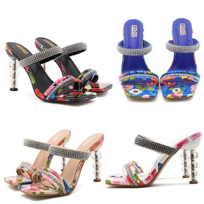 China 2022 women's fashion trend beautiful T-strap pattern outdoor ladies high heel shoes slippers heeled sandals for sale