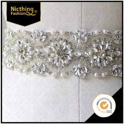 China 2015 High Quality Bridal Crystal Pearl Lace Trim Rhinestone Beaded Trimming Flatback Embroidery For Wedding Dresses Sash NRT034 for sale