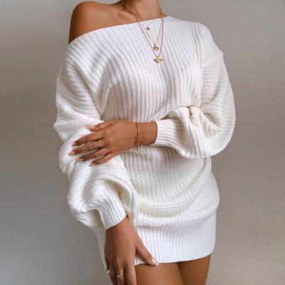 China Casual Anti-wrinkle Style Hot Women's Sexy Sweater Drop Dresses Winter Off The Shoulder Lantern Sleeve Knitted Woolen Dress for sale