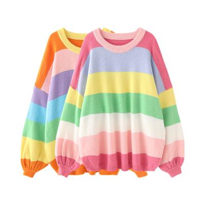 China Custom Color Contrast Anti-Wrinkle Rainbow Women's Knitwear Oversize Pullover 7gg Woolen Acrylic Leisure Sweaters for sale